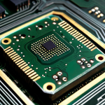 ** A close-up, slightly macro shot of a circuit board component (like a capacitor or IC chip) with visible corrosion and dust accumulation. Emphasize the detail of the damage caused by humidity and environmental factors. Dramatic lighting to highlight the imperfections.

**