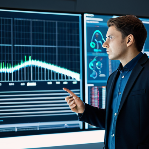 Home 7 A focused professional electronics engineer, male, in a modest, dark business casual blazer over a collared shirt, and well-fitted trousers, standing in a sleek, modern technology lab. The background features blurred digital displays showcasing complex data visualizations related to AI algorithms, semiconductor designs, and renewable energy schematics. The engineer is looking thoughtfully at a large holographic interface, symbolizing market trend analysis and skill integration. The scene emphasizes innovation and technological understanding. fully clothed, appropriate attire, safe for work, perfect anatomy, correct proportions, natural pose, well-formed hands, proper finger count, natural body proportions, professional photography, high quality, family-friendly.