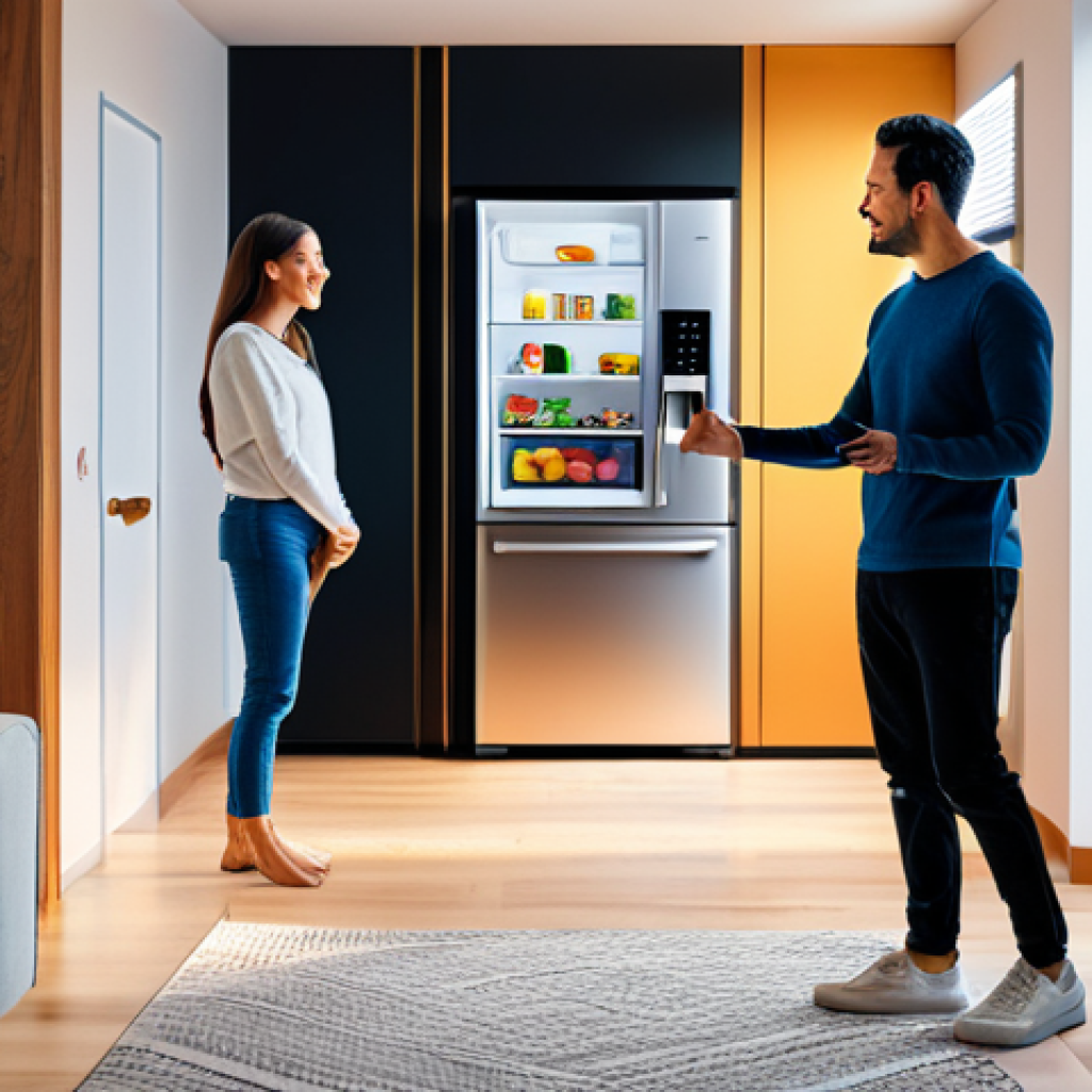 **
"A modern smart home interior, showcasing IoT devices like a smart refrigerator and AI speaker, fully clothed individuals interacting with the technology, warm lighting, family-friendly environment, safe for work, appropriate content, professional photography, perfect anatomy, natural proportions, high resolution."
**