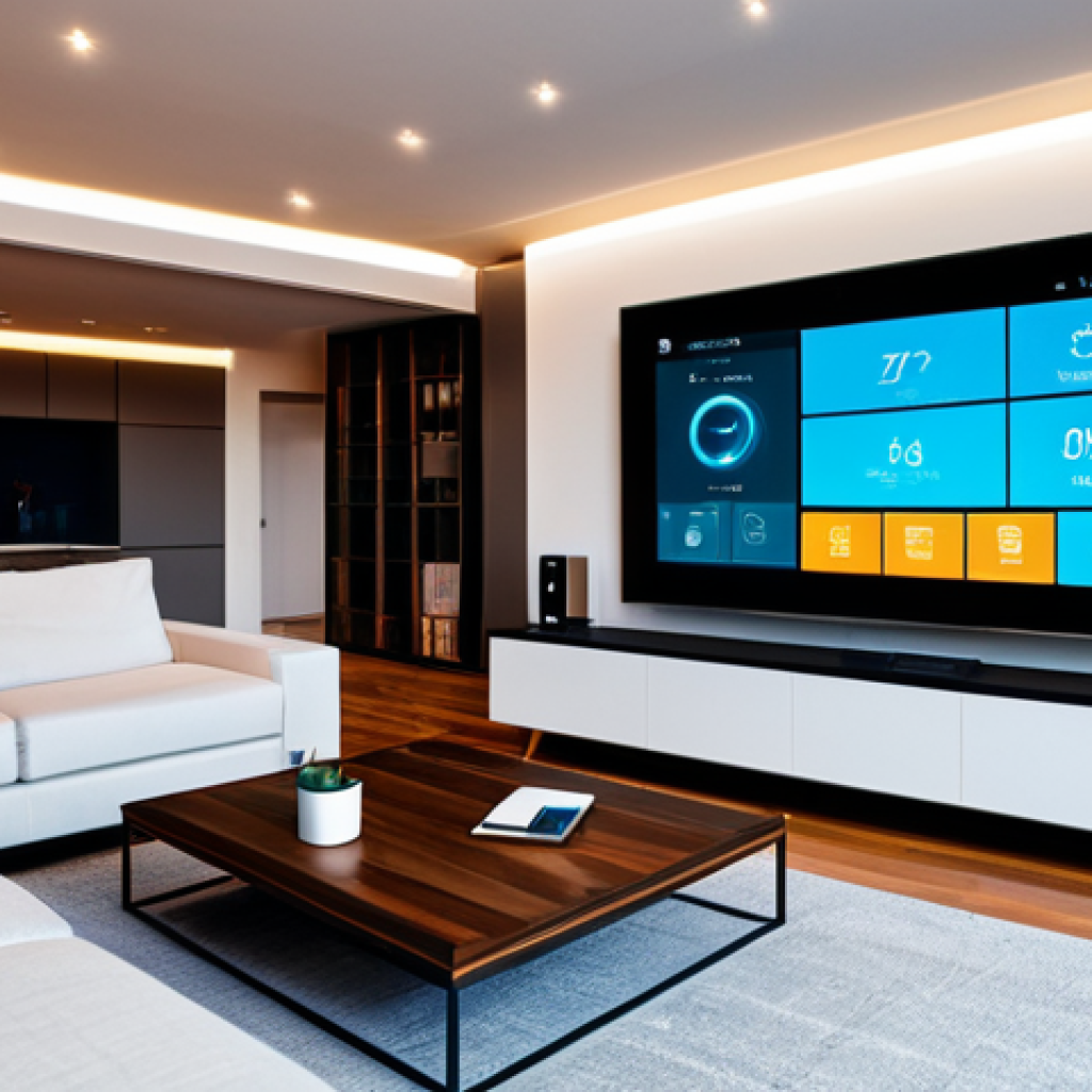 **Smart Home Control:** "A modern living room showcasing a smart home control panel, displaying energy usage statistics and automated settings; fully clothed people interacting with the system; warm lighting, contemporary design, safe for work, appropriate content, professional, perfect anatomy, natural proportions, family-friendly"