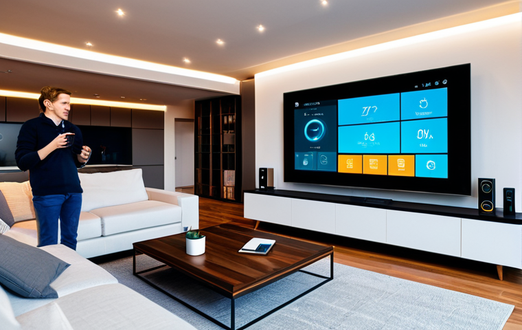 **Smart Home Control:** "A modern living room showcasing a smart home control panel, displaying energy usage statistics and automated settings; fully clothed people interacting with the system; warm lighting, contemporary design, safe for work, appropriate content, professional, perfect anatomy, natural proportions, family-friendly"