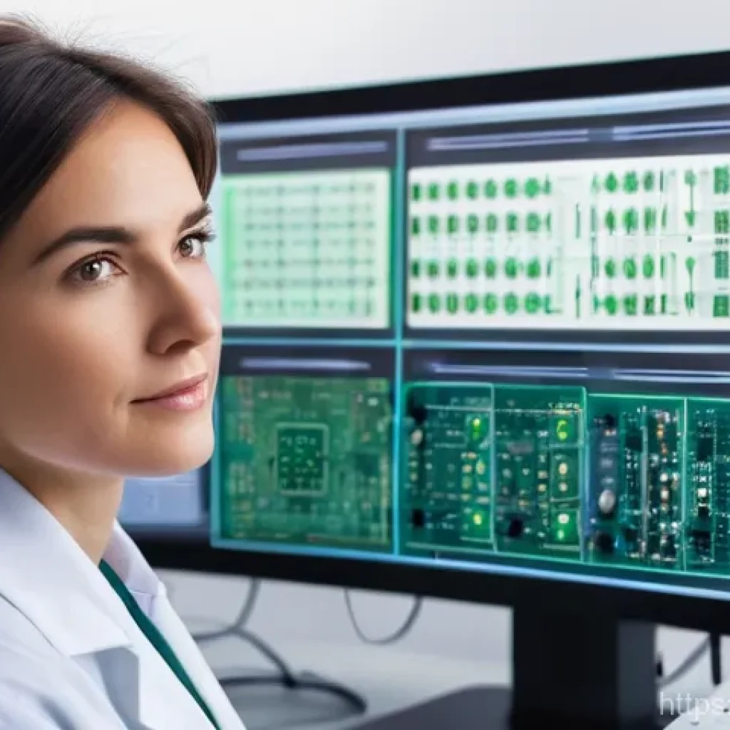 전자기술사 관련 실무 도구 소개 - **Prompt:** A highly focused electrical engineer, a woman in her mid-30s with short, neat brown hair...