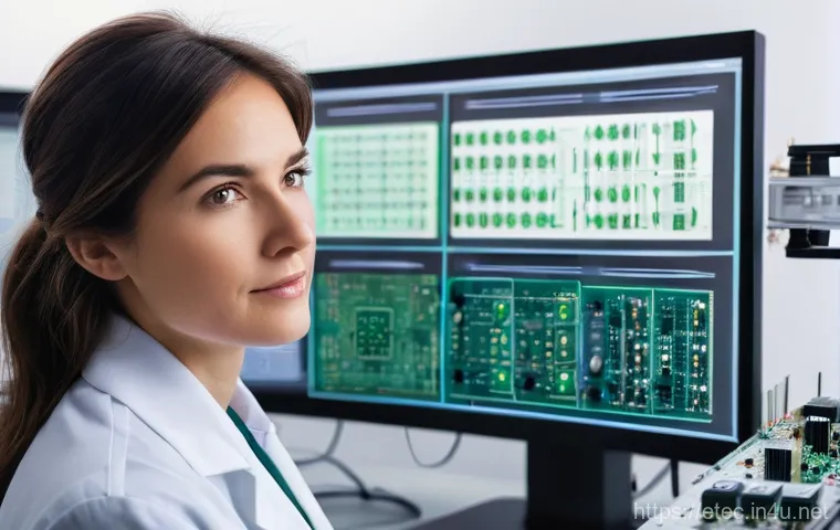 전자기술사 관련 실무 도구 소개 - **Prompt:** A highly focused electrical engineer, a woman in her mid-30s with short, neat brown hair...