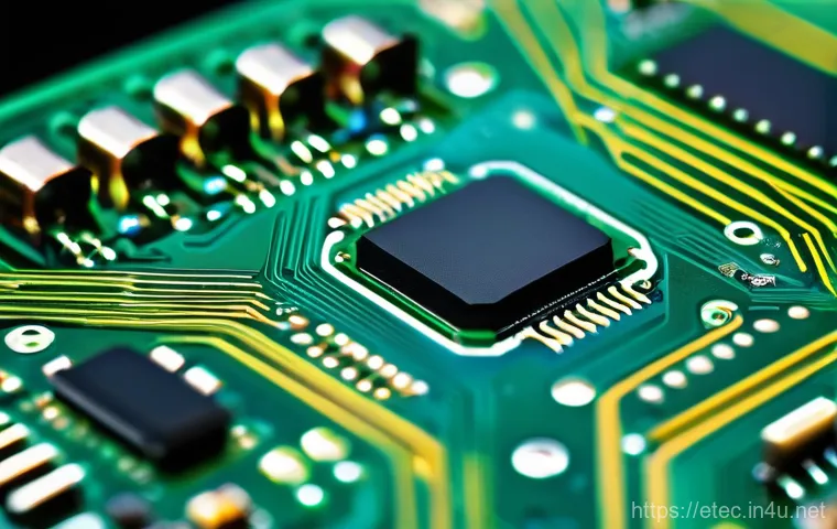 전자기술사와 PCB 설계 과정 - A close-up, high-definition shot of a complex and densely packed Printed Circuit Board (PCB) serving...