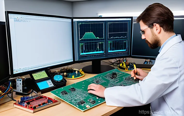 전자기술사와 PCB 설계 과정 - A close-up, high-definition shot of a complex and densely packed Printed Circuit Board (PCB) serving... 전자기술사와 PCB 설계 과정 - A close-up, high-definition shot of a complex and densely packed Printed Circuit Board (PCB) serving...