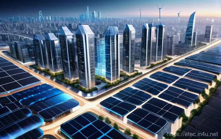전자기술사와 관련된 전력 시스템 이론 - A highly detailed, futuristic smart city, showcasing a vibrant, interconnected power grid. Transpare...