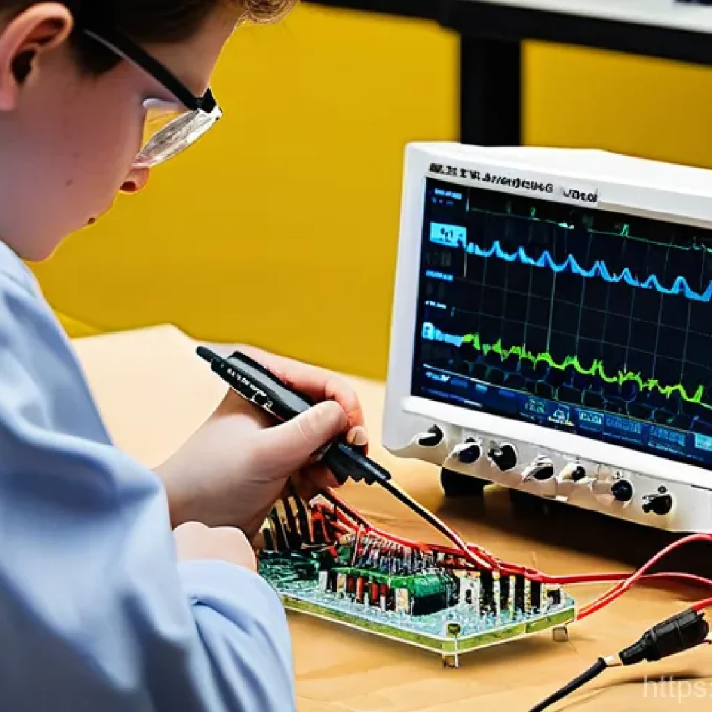 전자기술사 실기 대비 실험 장비 - **Prompt:** A focused electrical engineering student, wearing a short-sleeved shirt and safety glass...