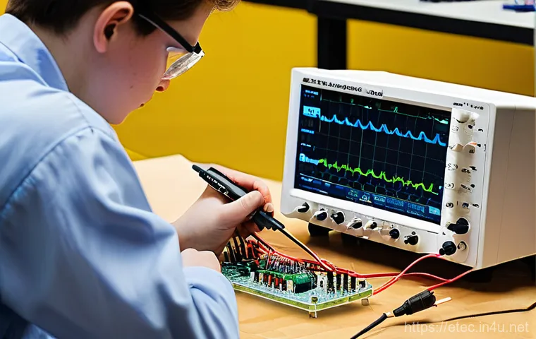 전자기술사 실기 대비 실험 장비 - **Prompt:** A focused electrical engineering student, wearing a short-sleeved shirt and safety glass...