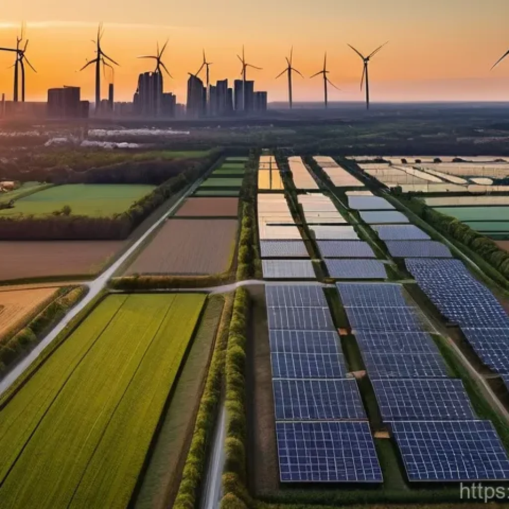 전자기술사와 신재생에너지 기술 사례 - **Prompt**: A wide, panoramic shot of a modern, sustainable city at sunset. In the foreground, numer...