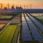 Home 16 전자기술사와 신재생에너지 기술 사례 - **Prompt**: A wide, panoramic shot of a modern, sustainable city at sunset. In the foreground, numer...