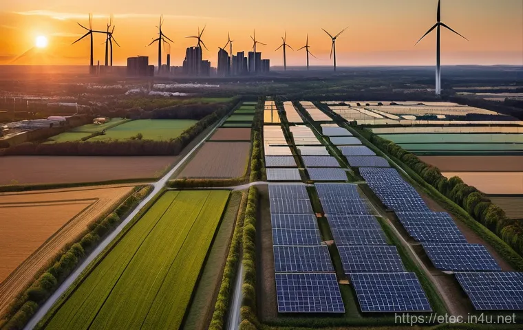 전자기술사와 신재생에너지 기술 사례 - **Prompt**: A wide, panoramic shot of a modern, sustainable city at sunset. In the foreground, numer...