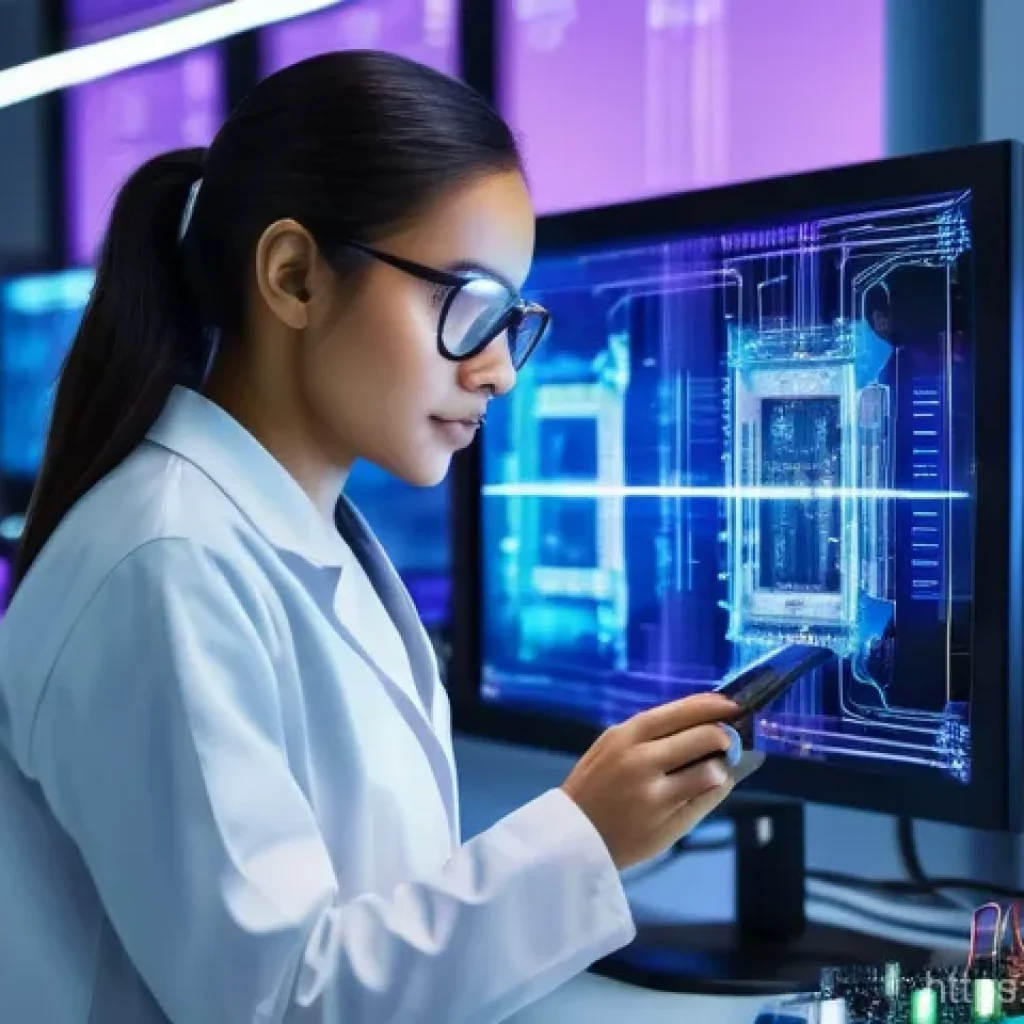 전자기술사와 직무 관련 최신 기술 학습 - A dynamic, high-tech electronic laboratory bustling with activity. Diverse engineers, both male and ...