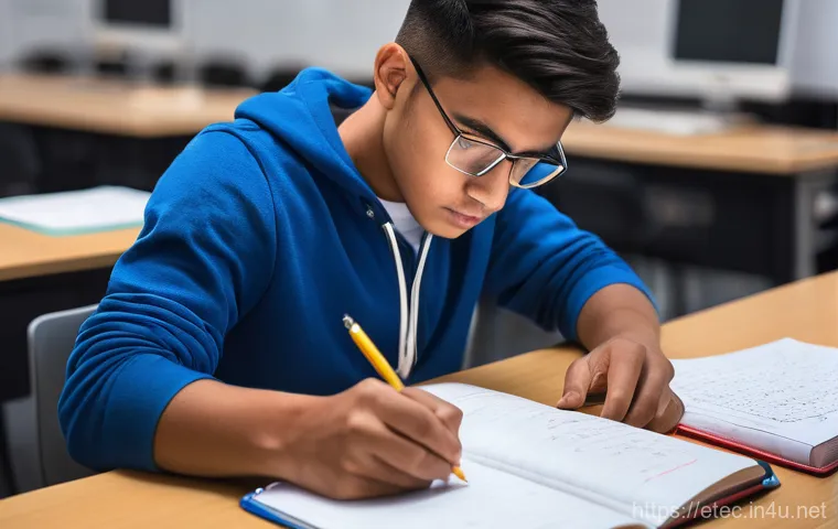 전자기술사 합격을 위한 공부 자료 정리 - A focused young adult, possibly an electrical and electronic engineering student, sits at a well-lit...